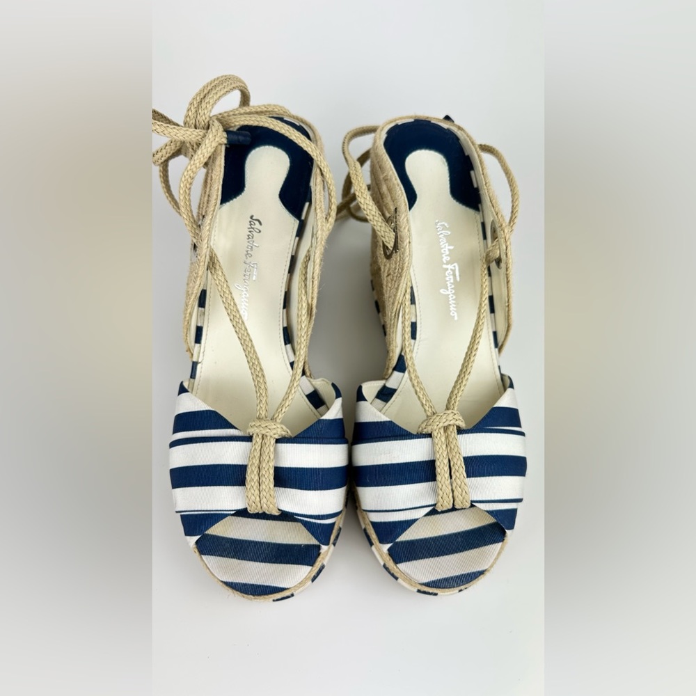 Salvatore Ferragamo Evita Canvas Blue and White Striped Jute Trim Wedge size 9M